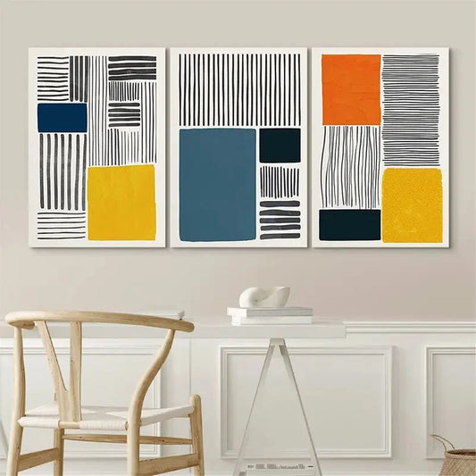 3pcs 3 Color Block Collage Abstract Shapes Wall Art Set Canvas Framed 50x70cm - High Quality Print 100% Australian Made Wall Canvas Ready to Hang