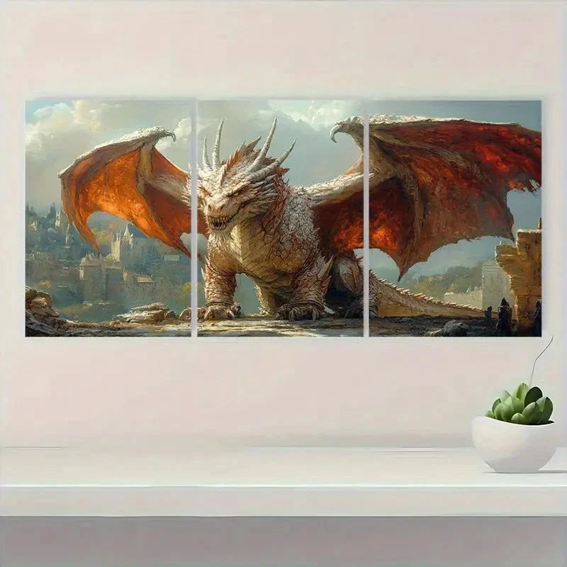 3pcs Medieval Dragon Dark Academia Art RT  Wall Art Set Canvas Framed 60x90cm - High Quality Print 100% Australian Made Wall Canvas Ready to Hang