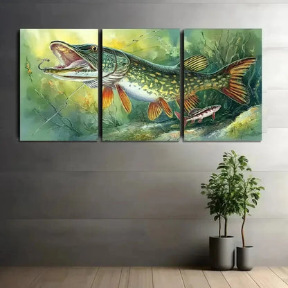 3pcs Rustic Pike Fishing Scene Metal Print Ready to Hang Art - Bella Home Decor