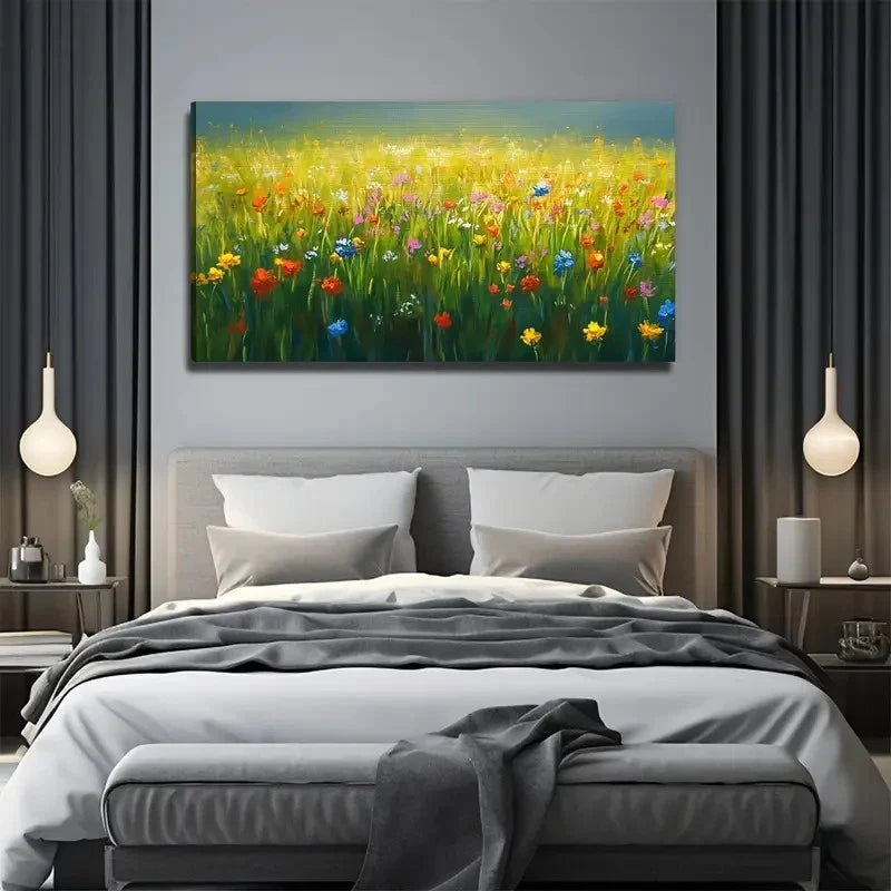 Grass Colorful Flowers Nature Wall Art Canvas Office Home Room Framed 120x60cm