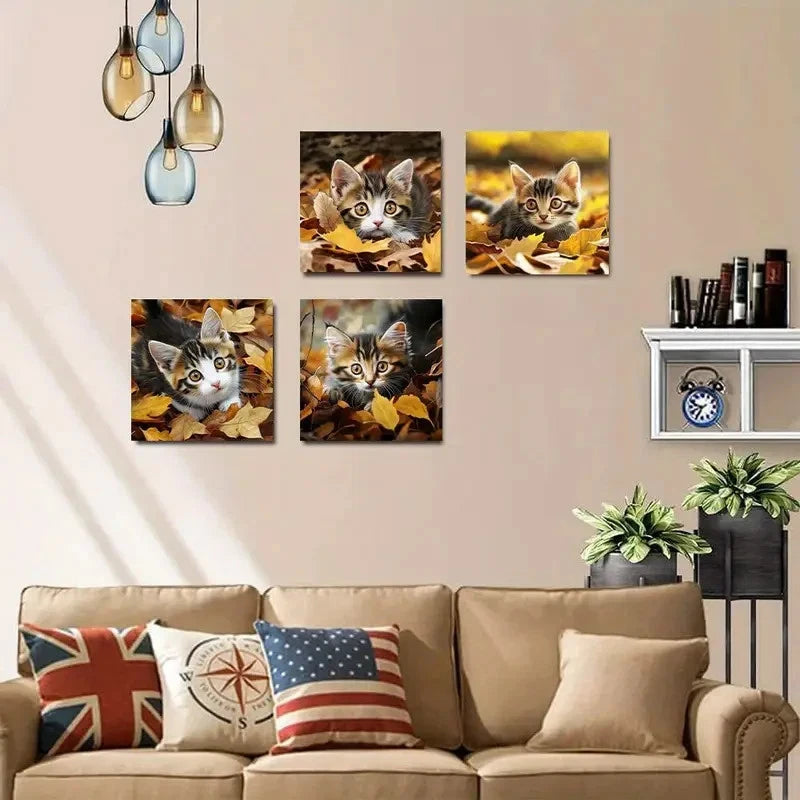 4pcs Cats and Maple Leaves Elegant Wall Art Canvas Framed