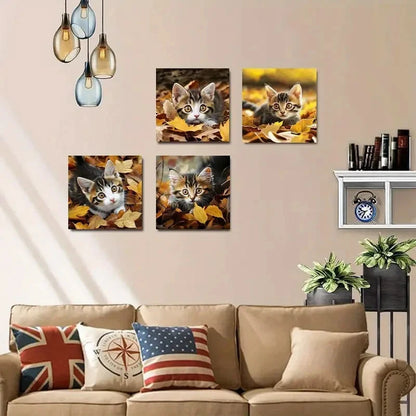 4pcs Cats and Maple Leaves Elegant Wall Art Canvas Framed