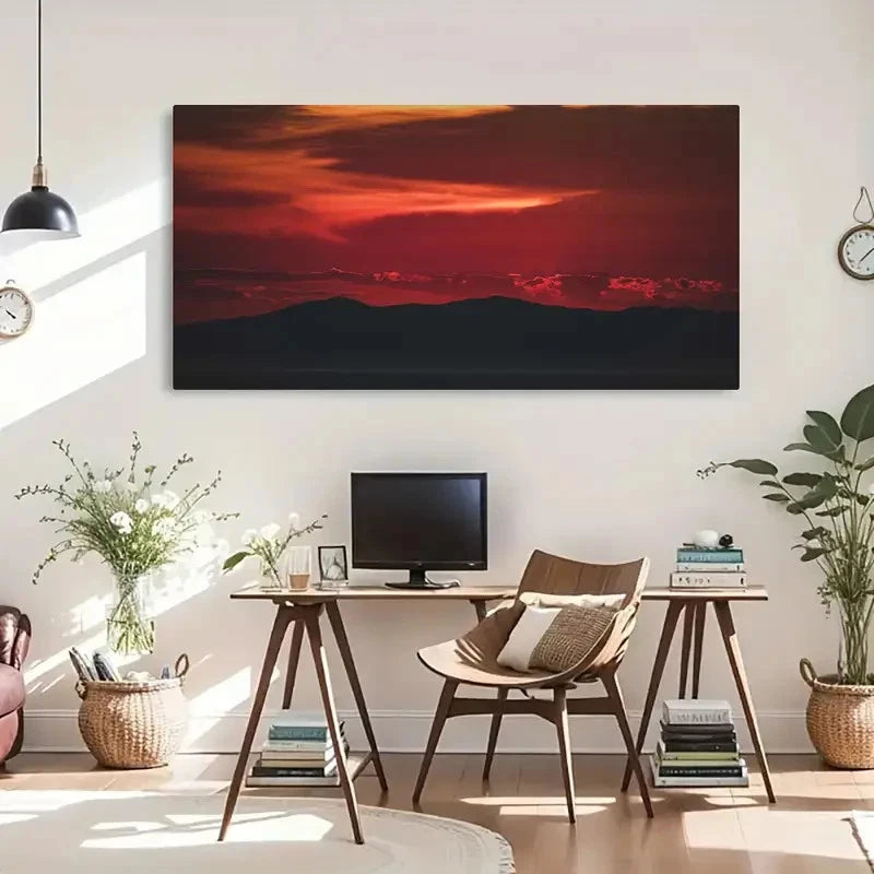 Sunset Mountain Range Vibrant Wall Art Canvas Office Home Room Framed 120x60cm