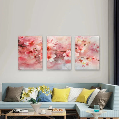 3pcs Soft Pink Watercolor Cherry Blossom Wall Art Set Canvas Framed 40x60cm - High Quality Print 100% Australian Made Wall Canvas Ready to Hang - Bella Home Decor
