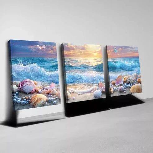 3pcs Beautiful Seashell and Ocean Sunset Wall Art Set Canvas Unframed - High Quality Print 100% Australian Made Wall Canvas - Bella Home Decor