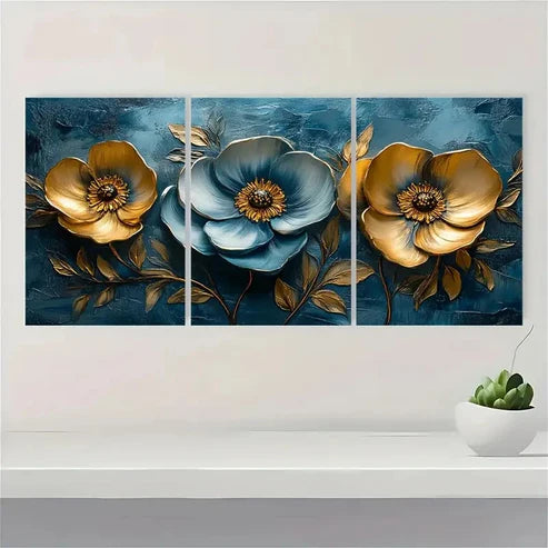 3pcs Abstract Golden Flower Floral Art TR Wall Art Set Canvas Unframed - High Quality Print 100% Australian Made Wall Canvas