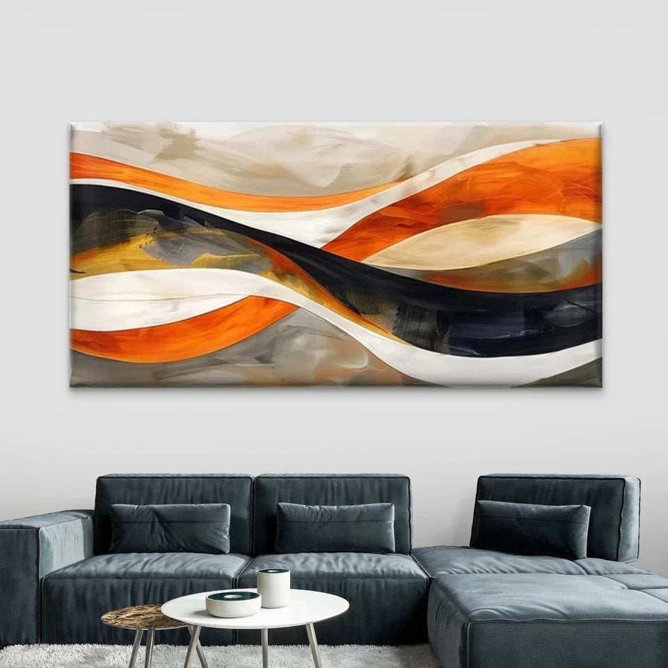 Abstract Beige & Orange Wave Wall Art Canvas Office Home Room Framed 120x60cm