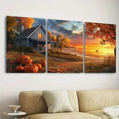 3pcs Vibrant Beach House & Pumpkin Wall Art Set Canvas Framed 50x70cm - High Quality Print 100% Australian Made Wall Canvas Ready to Hang - Bella Home Decor