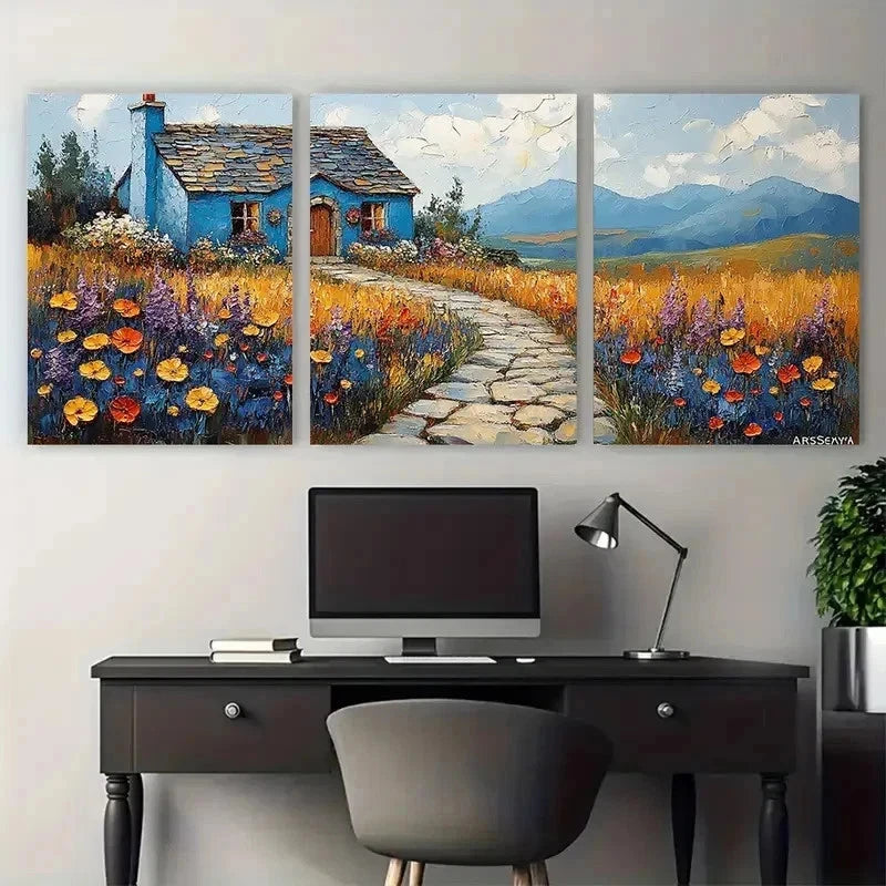 3pcs Irish Cottage Naive Style Impasto Perfect Wall Art Set Canvas Framed 50x70cm - High Quality Print 100% Australian Made Wall Canvas Ready to Hang
