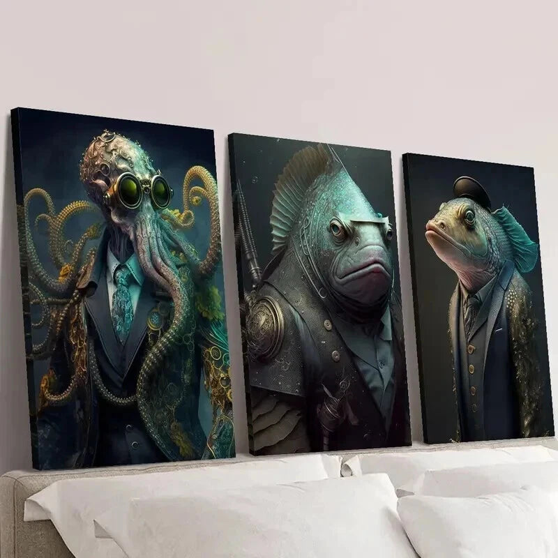 3pcs Steampunk Octopus & Fish Warrior Wall Art Set Canvas Framed 50x70cm - High Quality Print 100% Australian Made Wall Canvas Ready to Hang