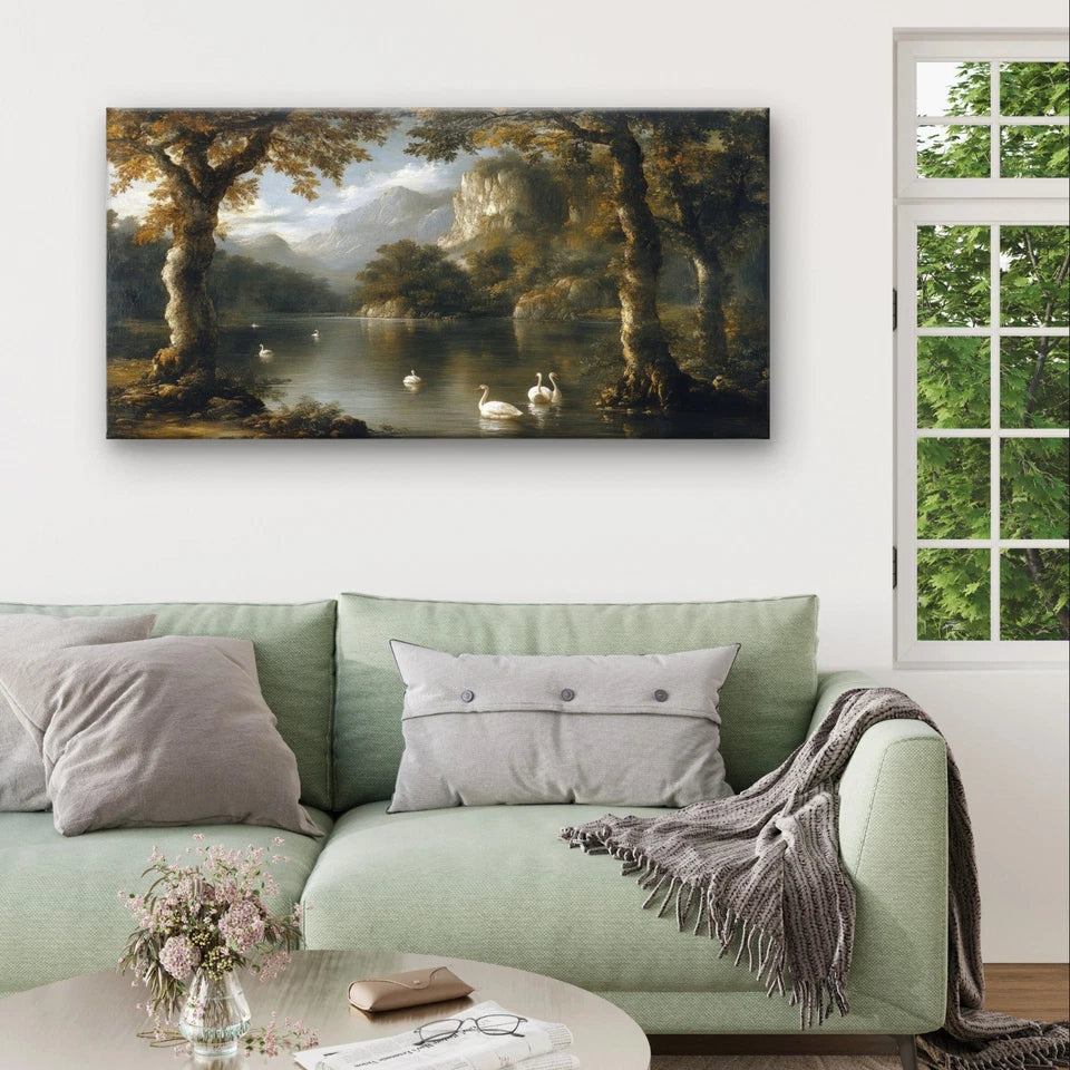 Classical River Landscape With Swan Wall Art Canvas Office Home Framed 120x60cm