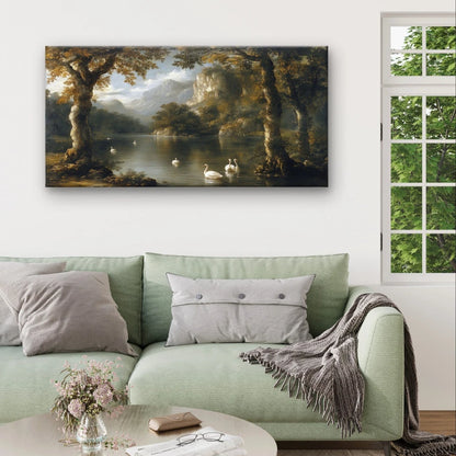 Classical River Landscape With Swan Wall Art Canvas Office Home Framed 120x60cm