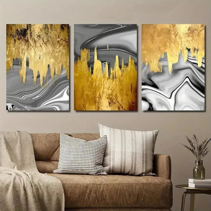 3pcs Golden & Silvery Fluid Design Perfect Wall Art Set Canvas Framed 50x70cm - High Quality Print 100% Australian Made Wall Canvas Ready to Hang - Bella Home Decor