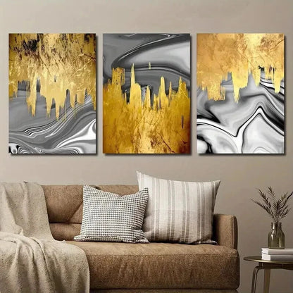 3pcs Golden & Silvery Fluid Design Perfect Wall Art Set Canvas Framed 50x70cm - High Quality Print 100% Australian Made Wall Canvas Ready to Hang - Bella Home Decor