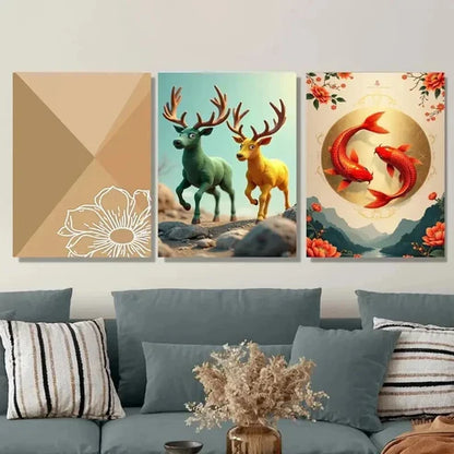 3pcs Chic Traditional Deer & Koi Fish Nature Wall Art Set Canvas Unframed - High Quality Print 100% Australian Made Wall Canvas - Bella Home Decor