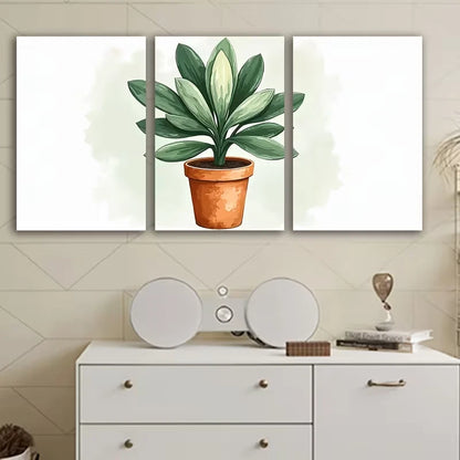 3pcs Green Leaves Terracotta Planter Painting Wall Art Set Canvas Framed 50x70cm – High Quality Print 100% Australian Made Wall Canvas Ready to Hang