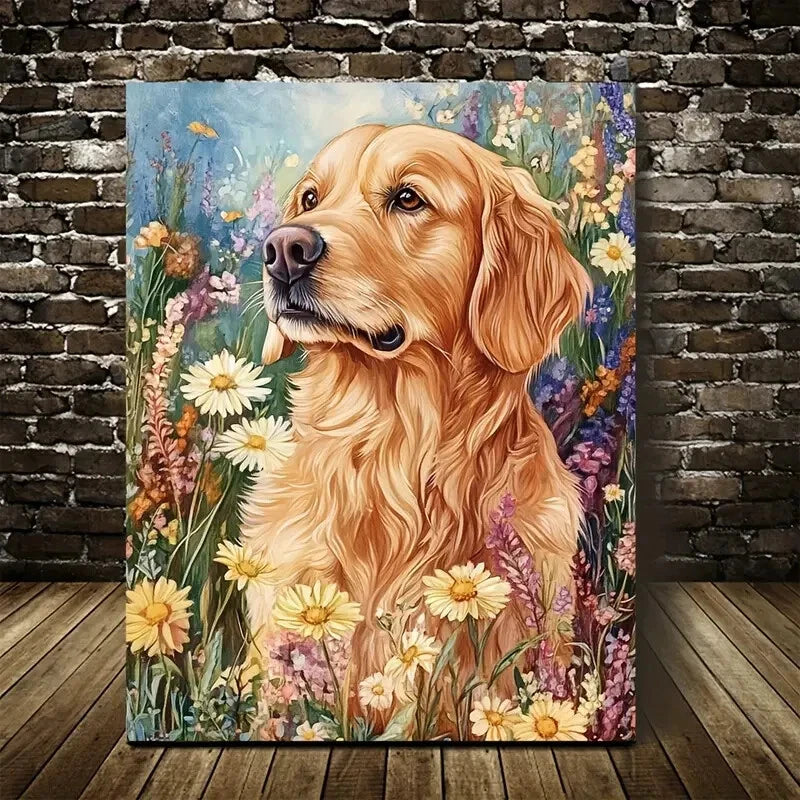 Featuring a Cute Golden Retriever Among Flowers 40x60cm Metal Print Ready to Hang