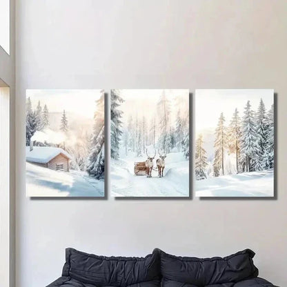 3pcs Snowy Trees Scene & Christmas Elk  Wall Art Set Canvas Unframed - High Quality Print 100% Australian Made Wall Canvas