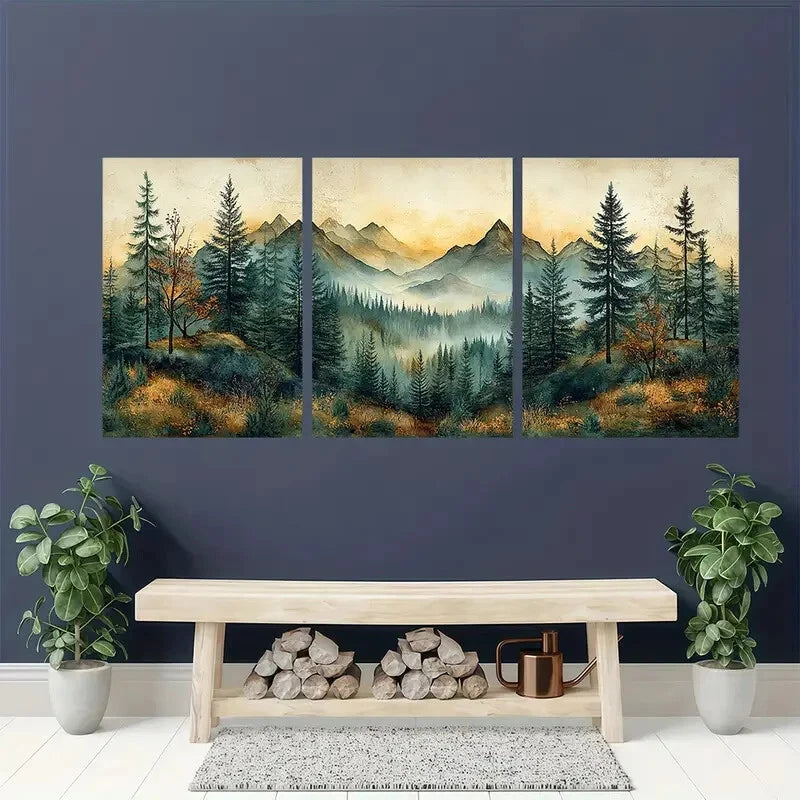 3pcs Vintage Pine Trees Forest Painting Wall Art Set Canvas Framed 50x70cm - High Quality Print 100% Australian Made Wall Canvas Ready to Hang