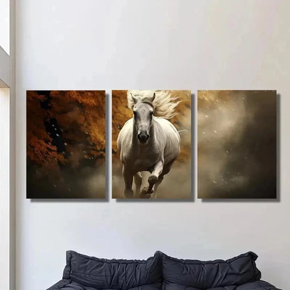 3pcs White Horse Galloping in Autumn Forest Wall Art Set Canvas Framed 50x70cm - High Quality Print 100% Australian Made Wall Canvas Ready to Hang