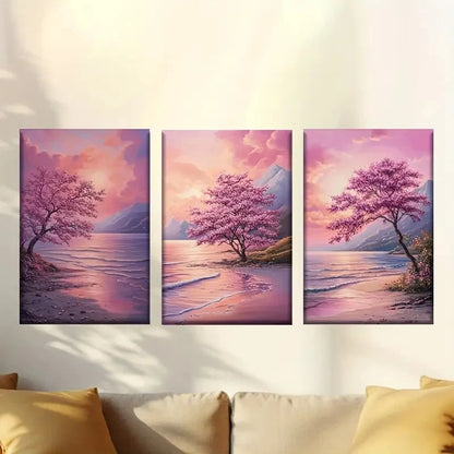 3pcs Sakura trees on the coast Wall Art Set Canvas Framed 40x60cm - High Quality Print 100% Australian Made Wall Canvas Ready to Hang