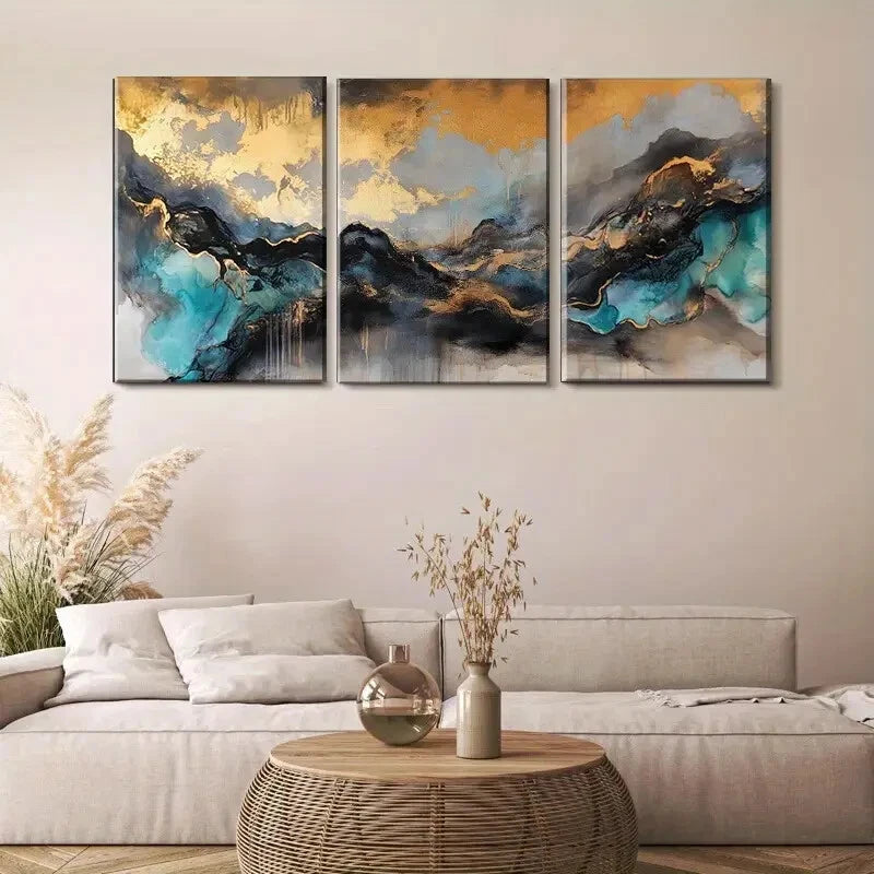 3pcs Abstract Golden & Teal Mountain Metal Print Ready to Hang Art - Bella Home Decor