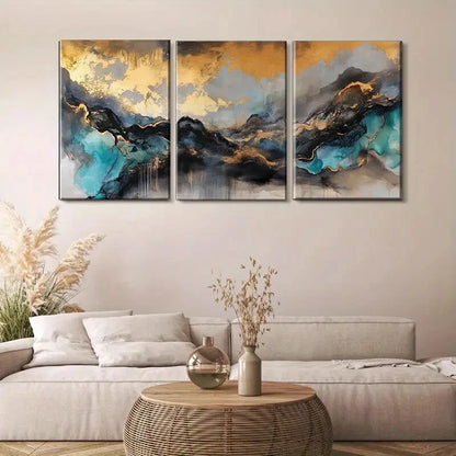 3pcs Abstract Golden & Teal Mountain Metal Print Ready to Hang Art - Bella Home Decor
