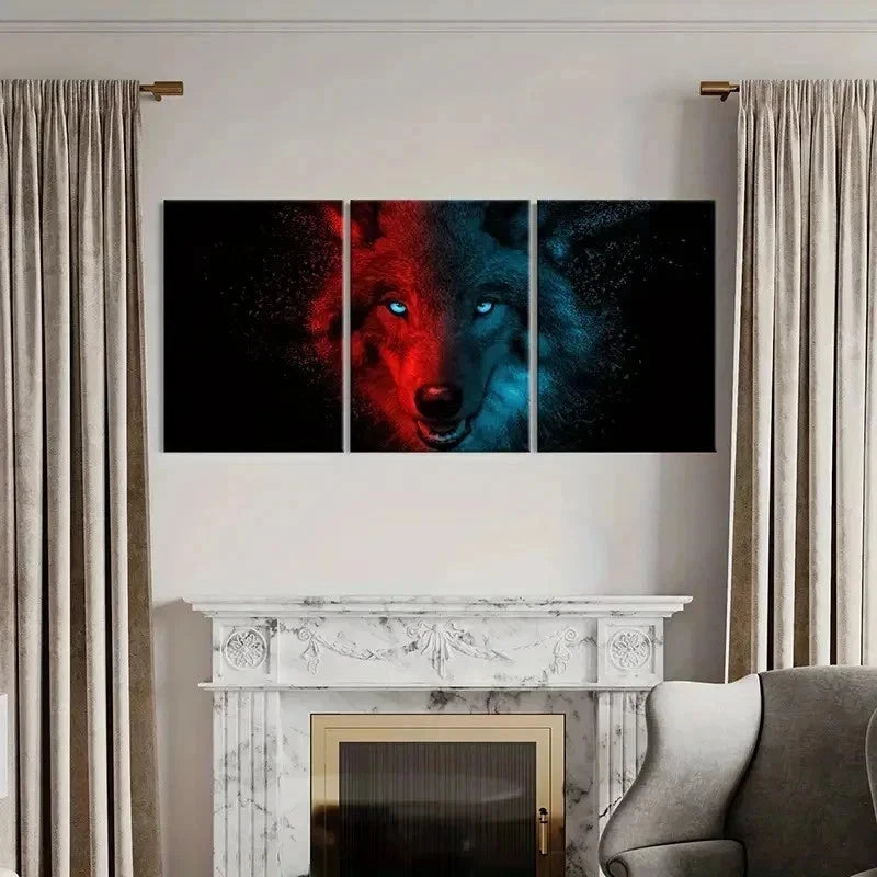 3pcs Dark style Red And Blue Wolf Animal Wall Art Set Canvas Framed 40x60cm - High Quality Print 100% Australian Made Wall Canvas Ready to Hang