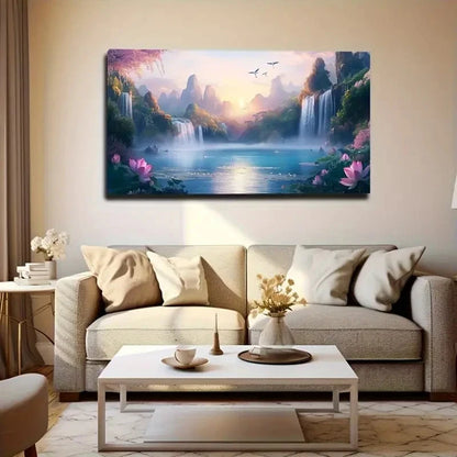 Waterfall & Blooming Flowers Wall Art Canvas Office Home Room Framed 120x60cm
