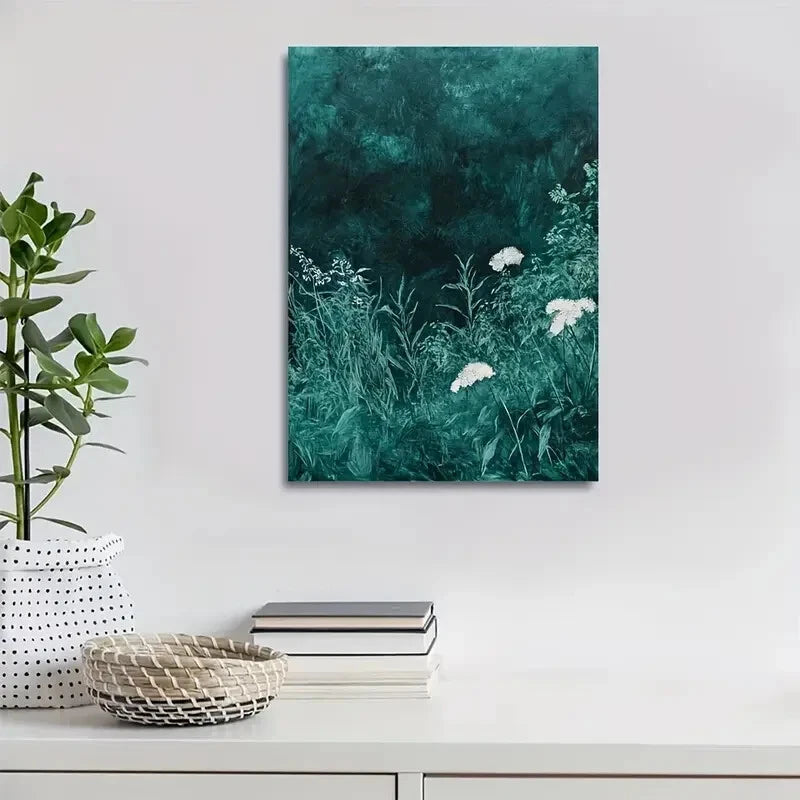 Emerald Mint Grassland with White Flowers Painting 40x60cm Metal Print Ready to Hang - Bella Home Decor