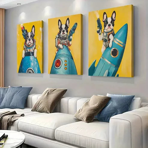 3 PCS Adorable Space-Themed Bulldog Wall Art Set Canvas Unframed - High Quality Print 100% Australian Made Wall Canvas