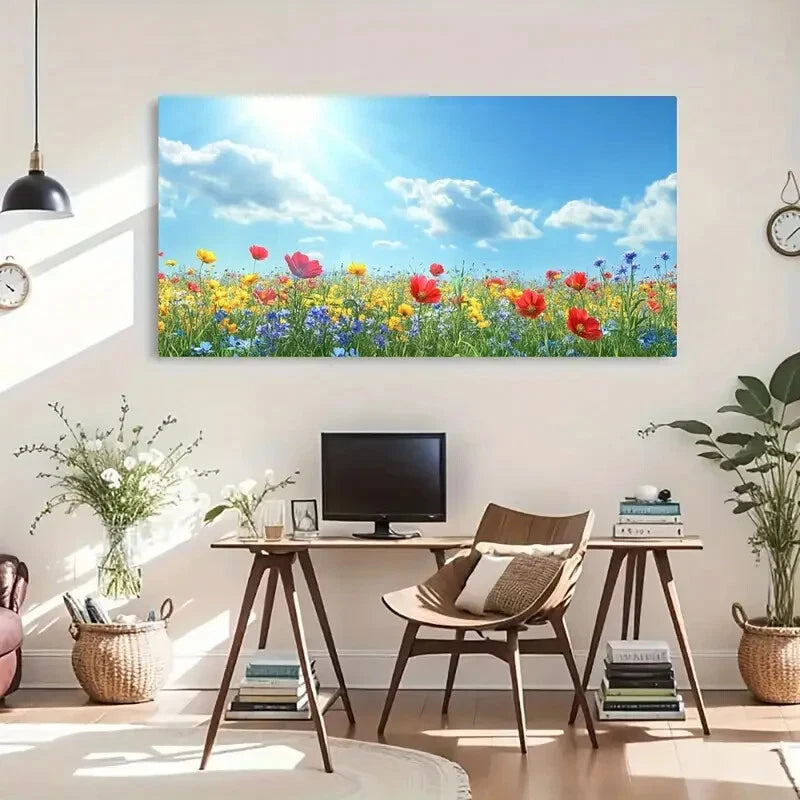 Wildflowers Mountain Bright Wall Art Canvas Office Home Room Framed 120x60cm - Bella Home Decor