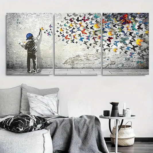 3pcs Child Painting Butterflies Wall Art Set Canvas Framed 60x90cm - High Quality Print 100% Australian Made Wall Canvas Ready to Hang