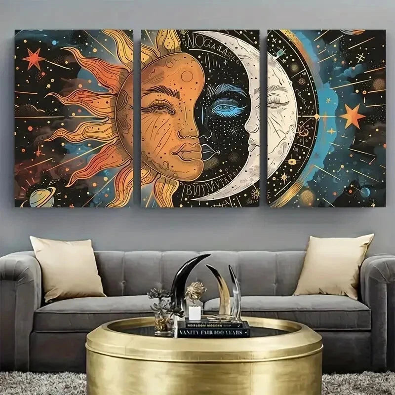 3pcs Sun and Moon Motifs Space Abstract Perfect Wall Art Set Canvas Framed 40x60cm - High Quality Print 100% Australian Made Wall Canvas Ready to Hang - Bella Home Decor