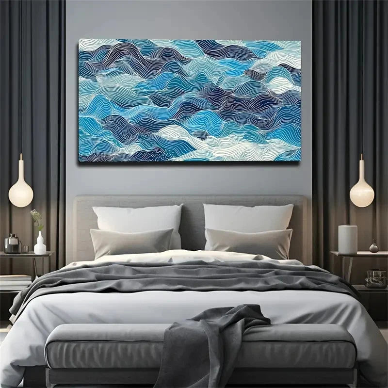 Navy Blue & Turquoise Seascape Wall Art Canvas Office Home Room Framed 120x60cm