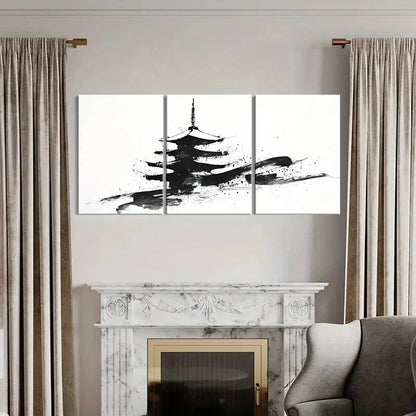 3pcs Black & White Japanese Pagoda Ink Splash     Wall Art Set Canvas Framed 40x60cm - High Quality Print 100% Australian Made Wall Canvas Ready to Hang - Bella Home Decor