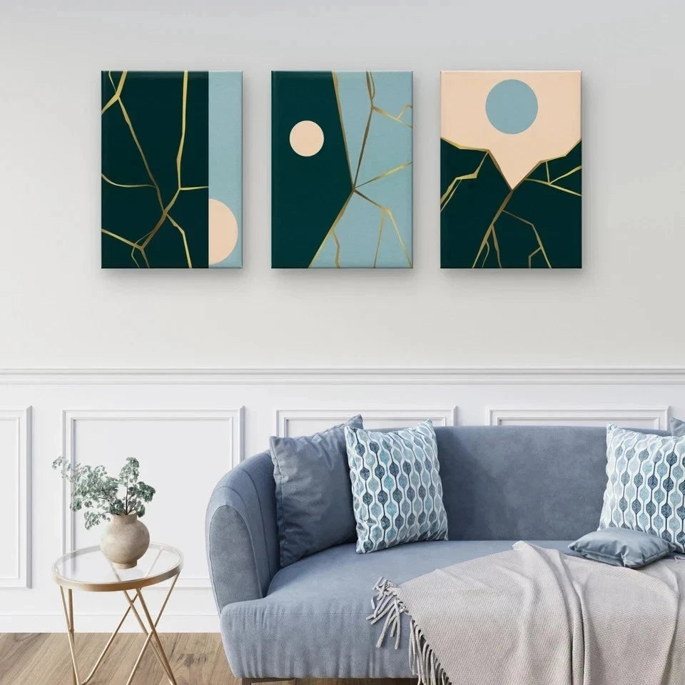 3pcs Japanese Art Inspired Gold and Colour Blue Wall Art Set Canvas Framed 60x90cm - High Quality Print 100% Australian Made Wall Canvas Ready to Hang