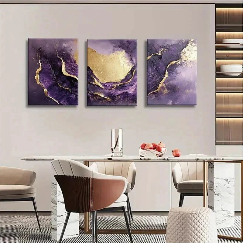 3pcs Purple and Golden Abstract Fluid Wall Art Set Canvas Framed 60x90cm - High Quality Print 100% Australian Made Wall Canvas Ready to Hang