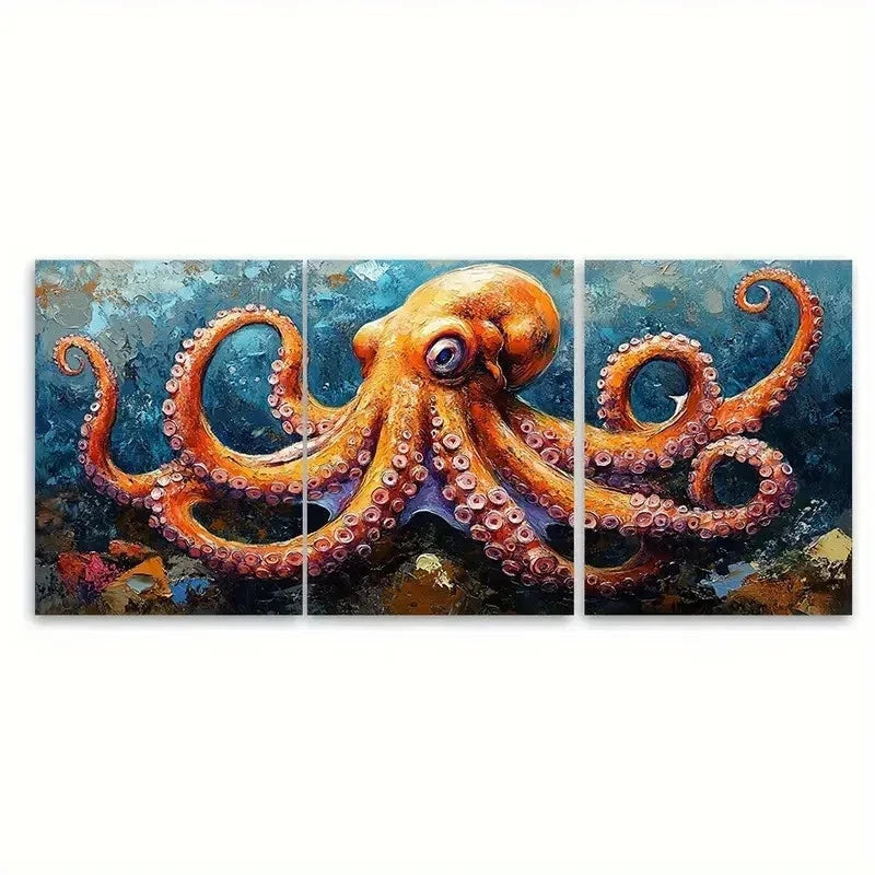 3pcs Dark Blue & Orange Sea Decor Octopus Q  Wall Art Set Canvas Framed 50x70cm - High Quality Print 100% Australian Made Wall Canvas Ready to Hang - Bella Home Decor