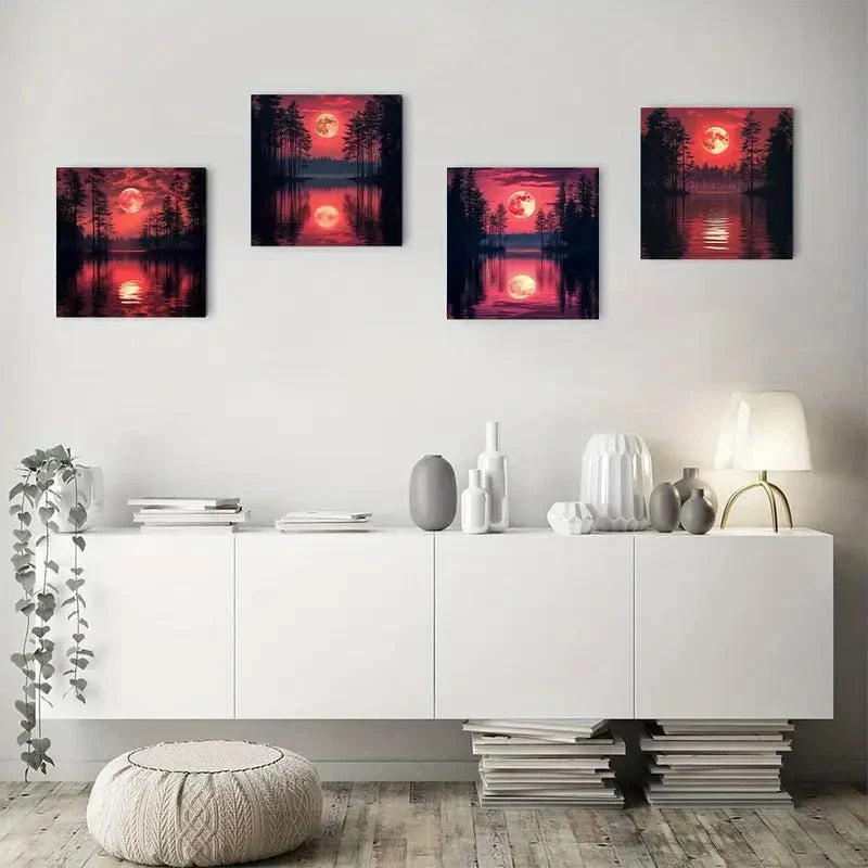 4pcs Red sun and dark night treeWall Art Canvas Framed