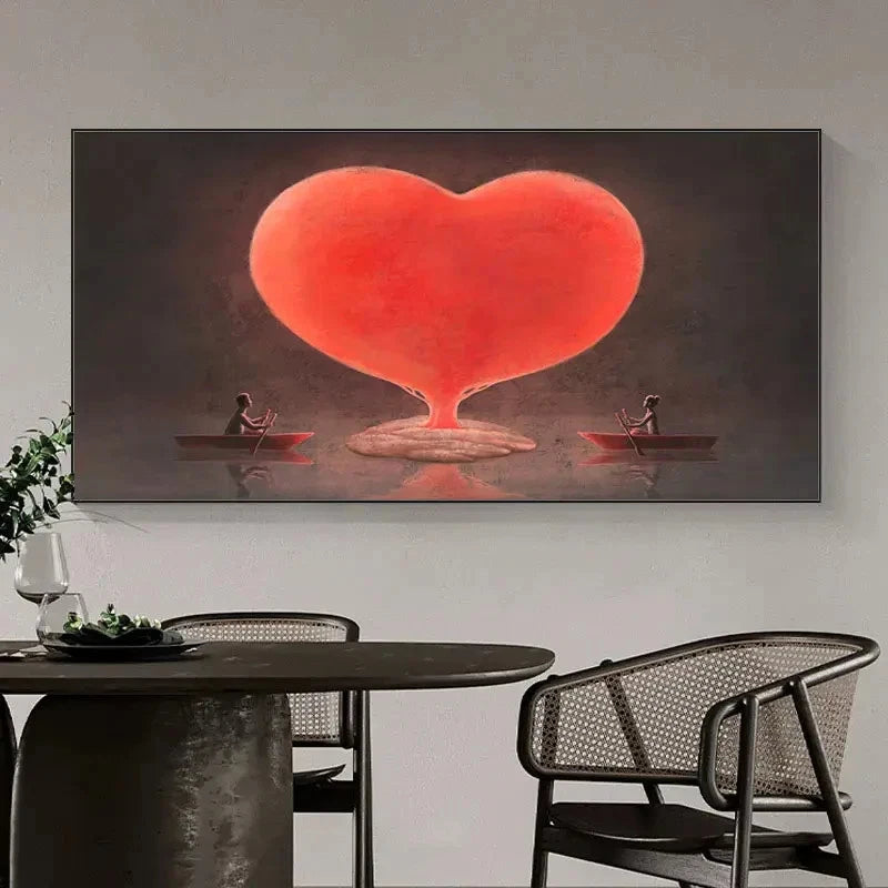 Vibrant Red Heart With Boats Wall Art Canvas Office Home Room Framed 120x60cm