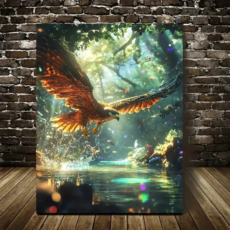 Cartoon Style Hawk Splashing In Magical Painting 40x60cm Metal Print Ready to Hang - Bella Home Decor