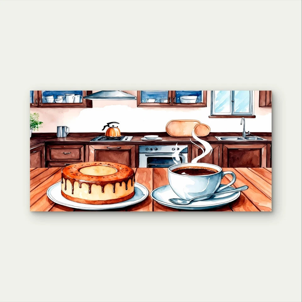 Cozy Kitchen Watercolour Cake Coffee Wall Art Canvas Office Home Framed 120x60cm
