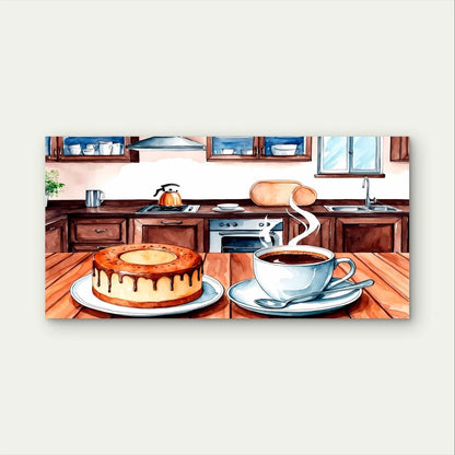 Cozy Kitchen Watercolour Cake Coffee Wall Art Canvas Office Home Framed 120x60cm