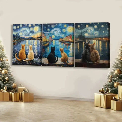 3pcs Cats Gazing at Night Starry Sky Wall Art Set Canvas Unframed - High Quality Print 100% Australian Made Wall Canvas