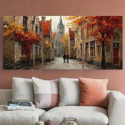 3pcs Autumnal Brugge Streets Couple Wall Art Canvas Unframed - High Quality Print 100% Australian Made Wall Canvas - Bella Home Decor