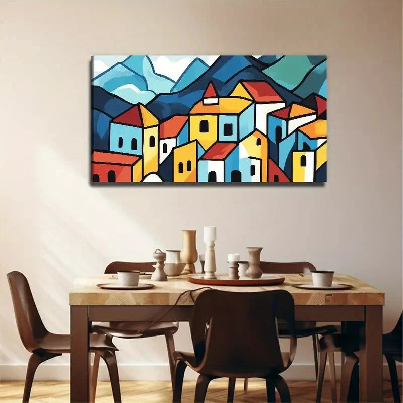 Colorful Houses In Blue Yellow Wall Art Canvas Office Home Room Framed 120x60cm