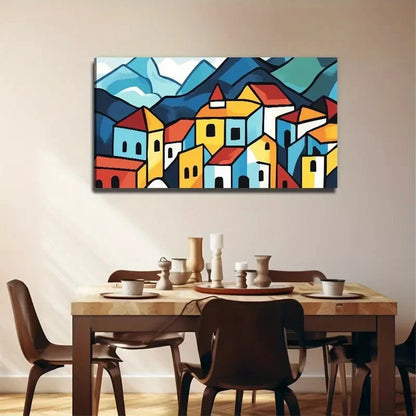 Colorful Houses In Blue Yellow Wall Art Canvas Office Home Room Framed 120x60cm