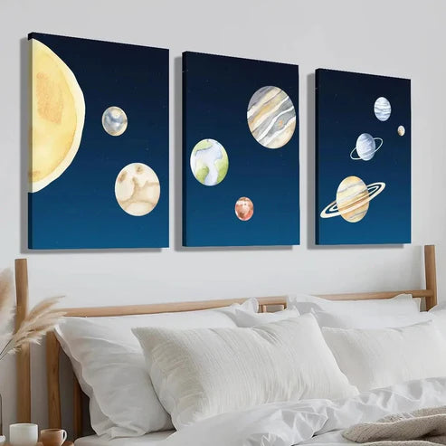 3pcs Navy Blue Starry Sky Planet Perfect Wall Art Canvas Unframed - High Quality Print 100% Australian Made Wall Canvas