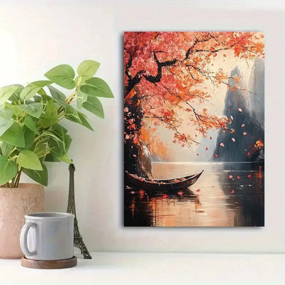 Beautiful Autumn Scenery with Red Leaves Painting 40x60cm Metal Print Ready to Hang